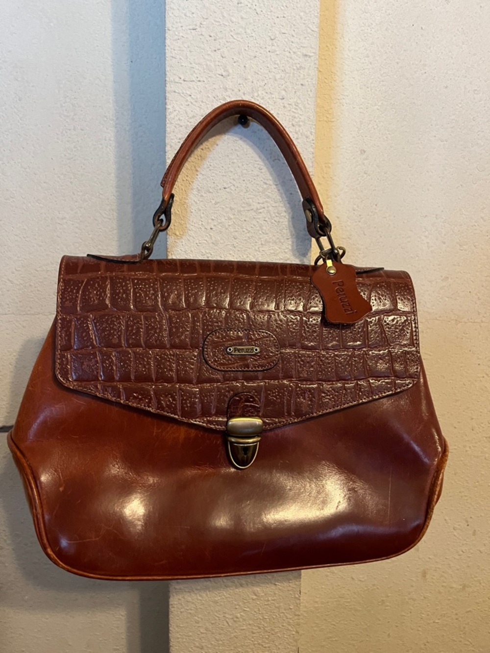 Brown Croc-Embossed Leather Satchel